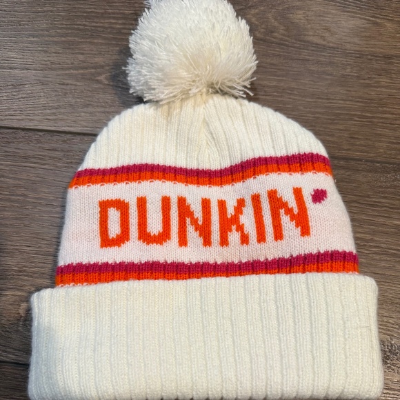 Dunkin Donuts Adult Beanie, Cream, Pom-Pom Snow Hat Logo Fold Over OSFM - Picture 1 of 5